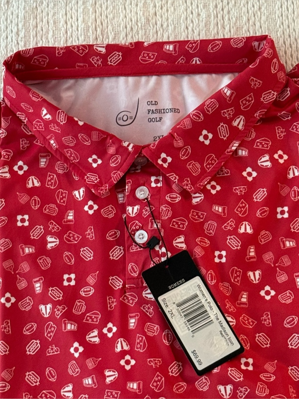 NWT Women 2XL Old Fashioned Golf Polo Shirt Wisconsin Icons Badgers Brats Beer - Picture 2 of 10